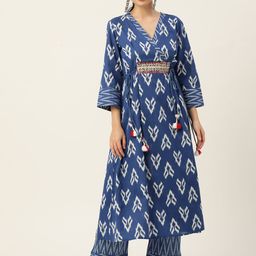 Jaipur Morni Women Blue Printed Angrakha Beads & Stones Pure Cotton Kurta with Trousers-image-24