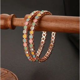 Aatmana Rose Gold-Plated & Multicolored Zirconia Stone-Studded & Beaded Bangles - Set of 2-image-28