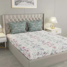 Raymond Home Camphor White & Green 144 TC Cotton Queen Bedsheet with 2 Pillow Covers-6