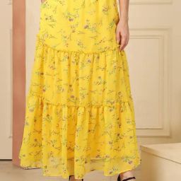 NEUDIS Yellow Georgette Floral Regular Fit Skirt-image-42