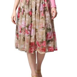 Cation Dark Beige Floral Print A-Line Midi Skirt-image-45