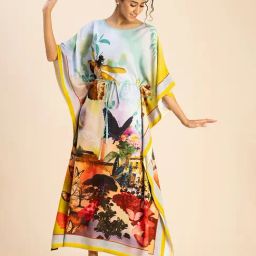 Moomaya Yellow Printed Kaftan Dress-image-6