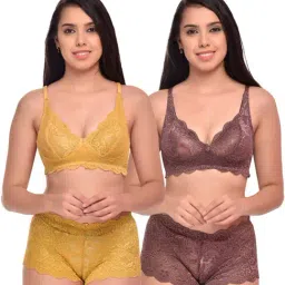 AROUSY Brown & Yellow Self Pattern Bra Panty Set - Pack Of 2-image-78