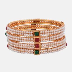 Zeneme Gold Plated Pearls With Cubic Zirconia Studded Bangles Set of 4-6