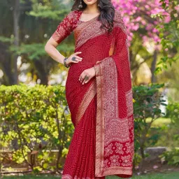Satrani Red Printed Saree With Unstitched Blouse image 2