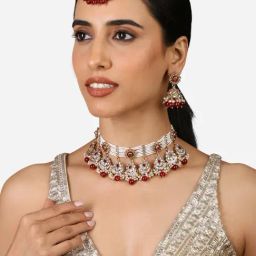 Zaveri Pearls Red Stones Beads Crescent Floral Choker Necklace Earring Maangtikka Set-ZPFK17356-4