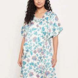 Clovia White Satin Regular Fit Floral Print Nighty With Robe-image-26