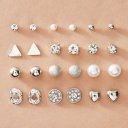 OOMPH Silver Tone Crystal & Pearl Office-Wear Fashion Stud Earrings for Women - Set of 12-image-24