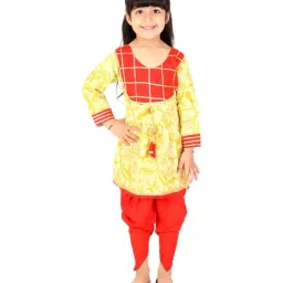 Ahhaaaa Kids Yellow & Red Cotton Floral Print Kurti Set-image-33