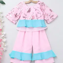 Many Frocks Kids Pink & Blue Embellished Top with Plazzo-picture-19