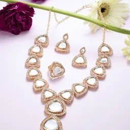 Zaveri Pearls Gold Tone Artificial Stones & Austrian Diamonds Necklace Earring & Ring Set-ZPFK16492 image 2