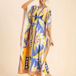 Moomaya Yellow & Blue Printed Kaftan Dress-image-56