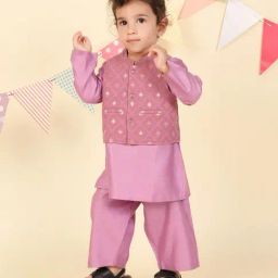 Fabindia Infant Boys Lavender Woven Design Kurta Bottom & Jacket-image-93