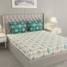 Raymond Home Camphor Cream & Green 144 TC Cotton Queen Bedsheet with 2 Pillow Covers-image-97
