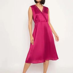Clovia Pink Satin Regular Fit Night Gown-image-49