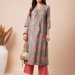 Globus Red & Blue Cotton Floral Print Kurta With Pants-picture-7