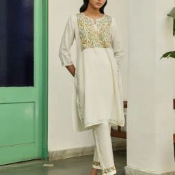 House Of Chikankari Cream Cotton Straight Fit Aari Kurta Set-image-36