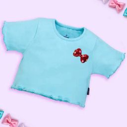 Kiddopanti Kids Girls Light Blue Cotton Rib Crop Top With Red Sequin Bow-image-56