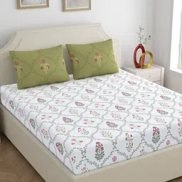 Home Ecstasy Green & White Floral 140 TC Queen Bedsheet with 2 Pillow Covers-picture-6