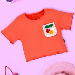 Kiddopanti Kids Girls Orange Cotton Rib Crop Top With Fruit Crochet Pocket-image-16