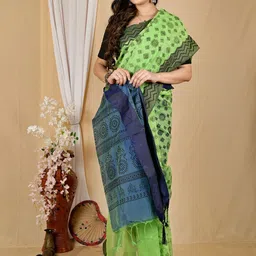 PuJoy Woven Design Pure Cotton Block Print Saree-picture-9