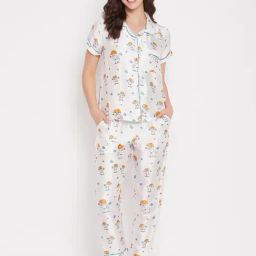 Clovia White Printed Shirt With Pyjamas-image-39