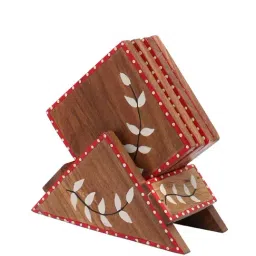 VarEesha Snow Leaf Brown Sheesham Wood Square-Shaped Coaster With Holder - Set of 4 image 3