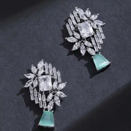 Priyaasi Rhodium-Plated American Diamond and Sea Green Stone Studded Dangler Earrings-40