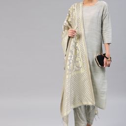 Vishudh Women Silver-Toned & Solid Kurta with Trousers & Dupatta-picture-17