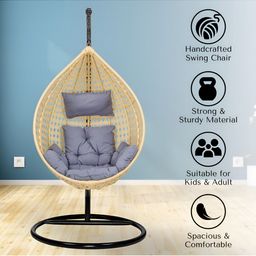 Swingzy Beige & Grey Single Seater Egg-Shaped Hanging Hammock Swing With Stand image 3