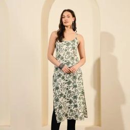 Meeranshi Cream & Green Cotton Floral Print Straight Kurta-image-29