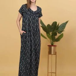 Sweet Dreams Navy Cotton Printed Nighty-image-88