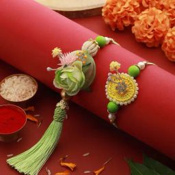 Saraf RS Jewellery Green Stones & Pearl Beaded Handcrafted Rakhi Lumba Set with Roli Chawal-image-34