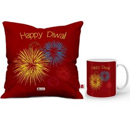 Indigifts Set Of 2 Red Printed Square Cushions With Fillers & Ceramic Mug-53