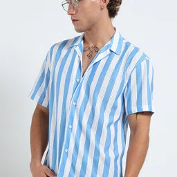 THE BEETEL HOUSE Vertical Striped Cuban Collar Polycotton Regular Fit Casual Shirt-image-91