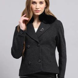 Monte Carlo Black Wool Blend Solid Full Sleeve Coat-17