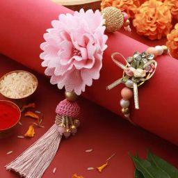 Saraf RS Jewellery Pink Stones & Pearl Beaded Rakhi Lumba Set-image-39