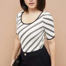 Code By Lifestyle Off White Cotton Regular Fit Striped Top-image-56