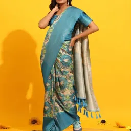 Silk Land Teal Blue Silk Printed Saree With Blouse-picture-18