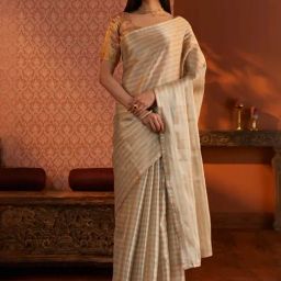 Taneira Beige Striped Saree With Unstitched Blouse-picture-21