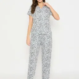 Clovia White Cotton Regular Fit Printed Night Suit-picture-3