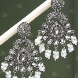 Oomph Jewellery Oxidized Silver Ethnic Silver Look Alike Large with Kundan & Pearls Dangler Earrings-11