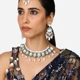 Zaveri Pearls Green Meenakari Kundan Pearls Choker Necklace Earring & Maangtikka Set-ZPFK17362-14