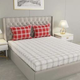 Raymond Home Camphor White & Red 144 TC Cotton Queen Bedsheet with 2 Pillow Covers-2