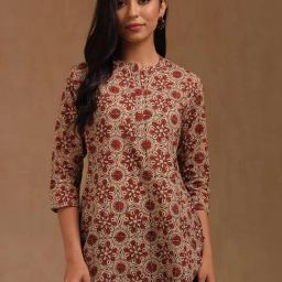 Soch Beige Cotton Printed Three-Quarter Sleeves Tunic-picture-4