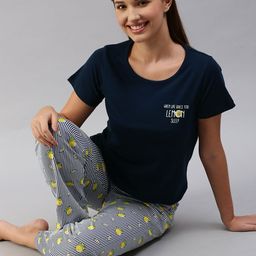 Mast & Harbour Women Navy Blue Solid Night suit With Printed Detailing-image-55