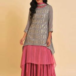 Wishful by W Grey Printed Maxi Dress With Dupatta-image-57