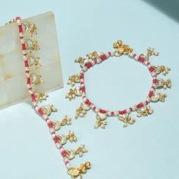 Zaveri Pearls Pink Crystals Beaded Crescent Shape Kundan Drop Anklets (2 Payals)-ZPFK11553-image-59