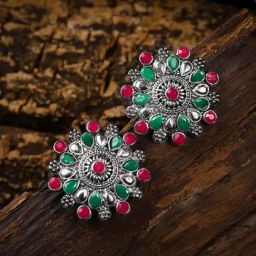Zaveri Pearls Red & Green Alloy Stud Earrings-image-45