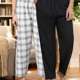 Kryptic Black & White Cotton Relaxed Fit Printed Lounge Pants - Pack of 2-image-90
